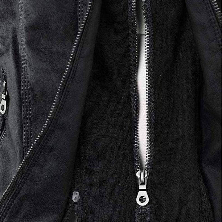 Versatile women's PU leather zip-up hoodie, a stylish slim fit jacket for fall & winter.