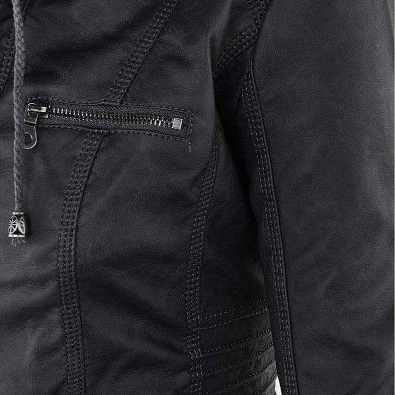Modern women's PU leather zip-up hoodie jacket, offering a chic slim fit for edgy fashion.
