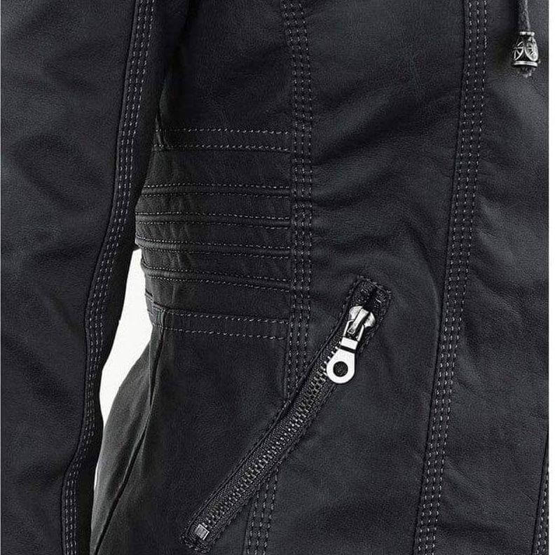 Women's slim fit PU leather hoodie, a stylish zip-up jacket for casual, fall & winter outerwear.