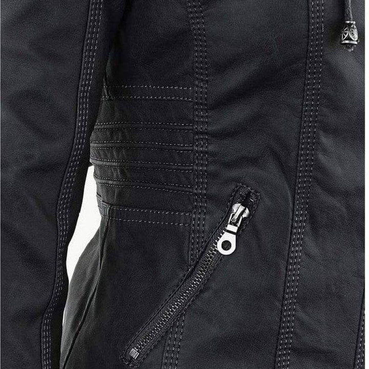 Women's slim fit PU leather hoodie, a stylish zip-up jacket for casual, fall & winter outerwear.