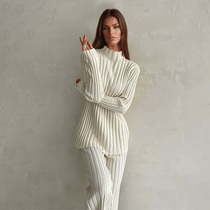 Elegant women's ribbed knit two-piece set; slim fit design perfect for fall & winter chic everyday wear.