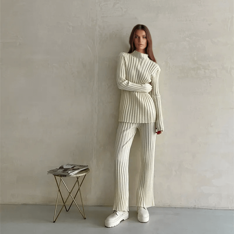 Comfortable women's slim fit ribbed knit two-piece set, ideal for versatile fall & winter fashion.