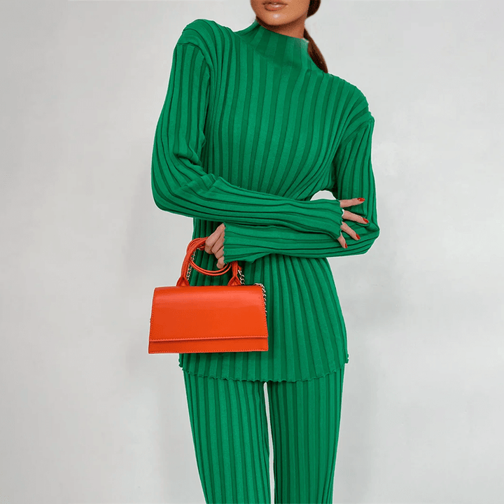 Fall/Winter women's ribbed knit two-piece set, slim fit turtleneck top and matching knit trousers for elegant style.