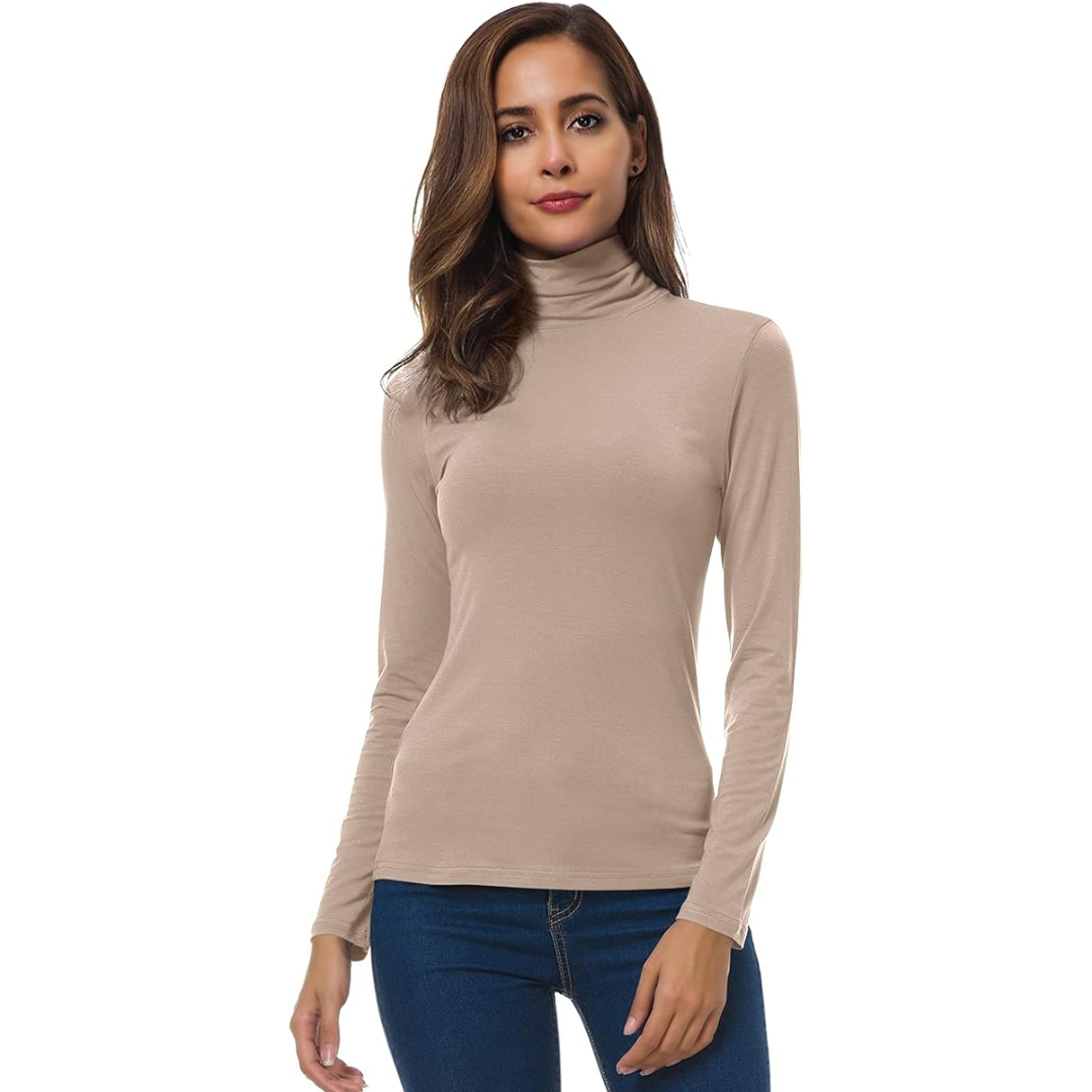 Women's slim fit turtleneck sweater, an elegant long sleeve layering top for fall and winter.