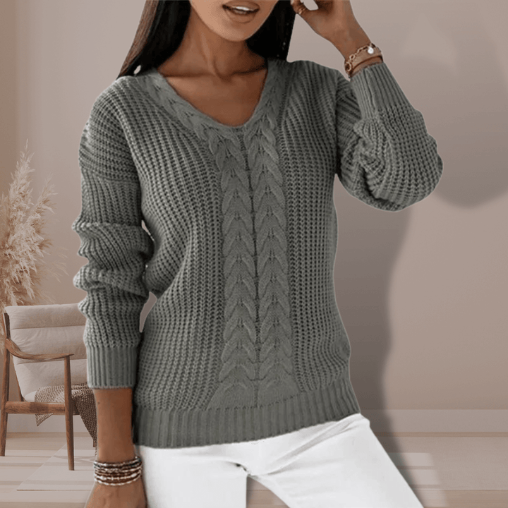Women's slim fit V-neck knitted pullover. Soft polyester long-sleeve sweater, cozy & stylish for fall/winter fashion.