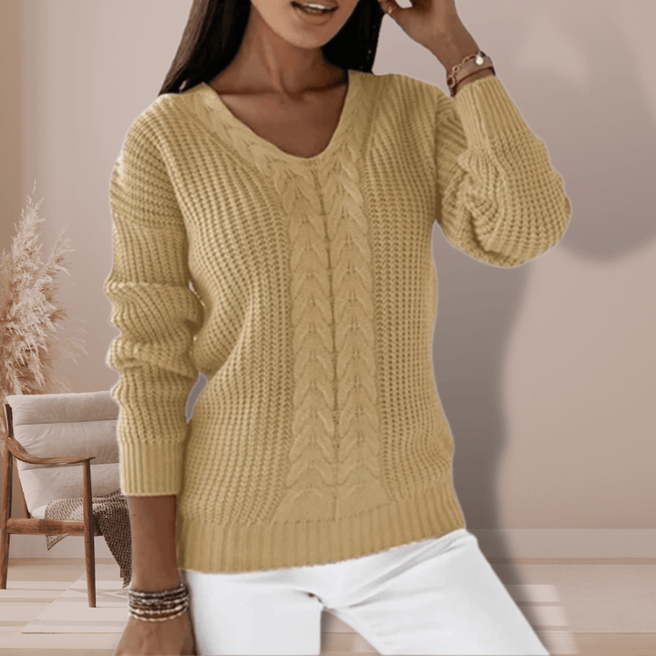 Stylish women's slim fit V-neck pullover sweater. Soft knit long-sleeve top, perfect casual wear for fall & winter.