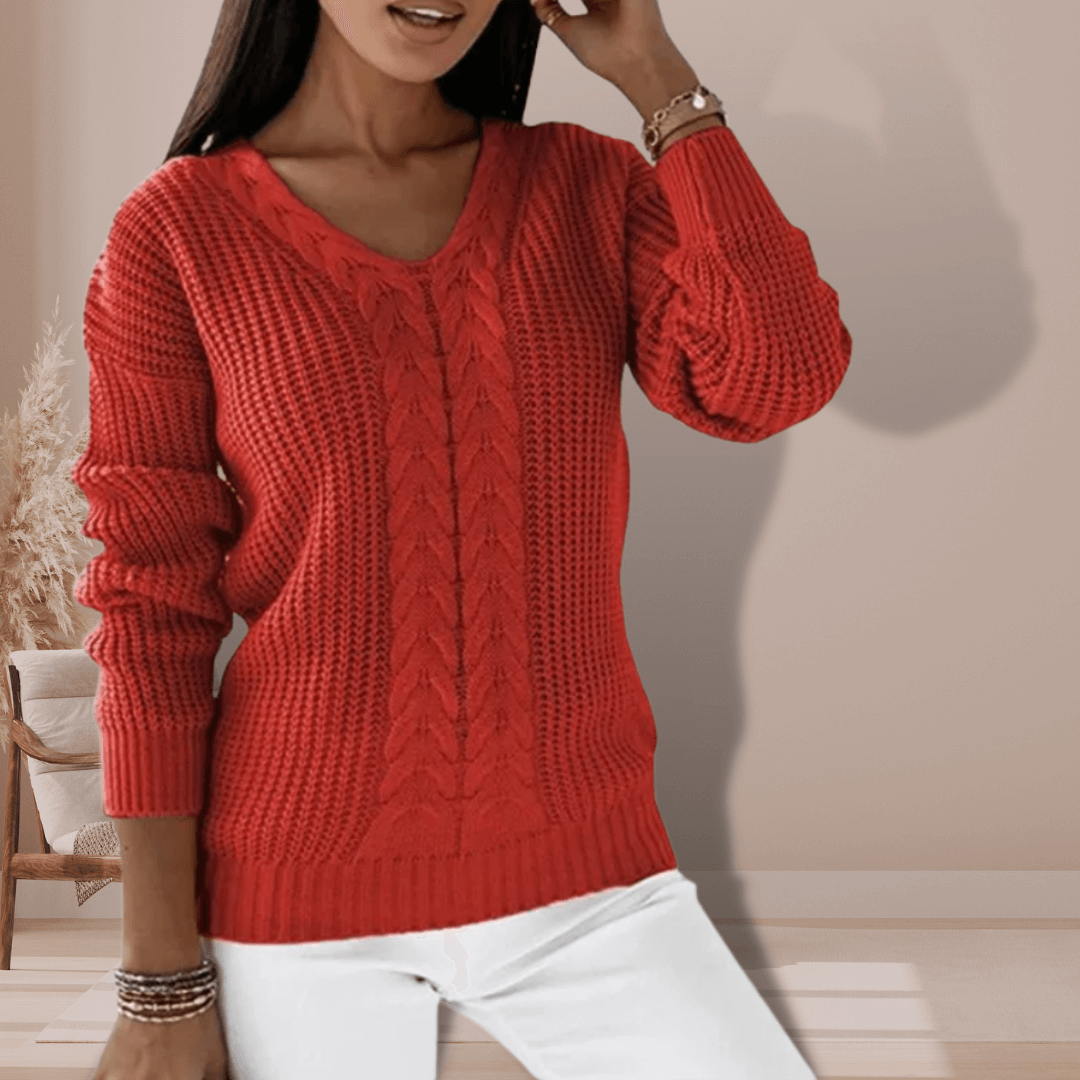 Woman wearing a stylish slim fit V-neck knitted pullover. Casual long-sleeve fall/winter sweater, soft & cozy.