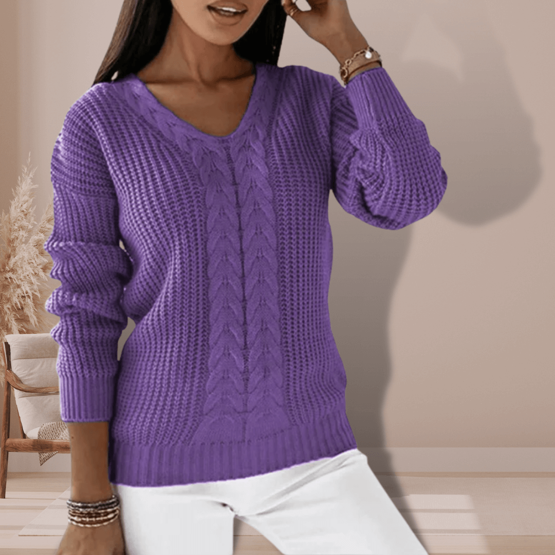 Elegant women's V-neck knitted pullover. Slim fit long-sleeve polyester sweater, a stylish casual fall/winter top.
