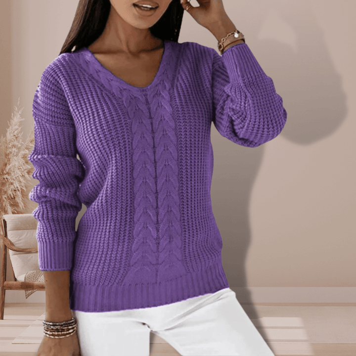 Elegant women's V-neck knitted pullover. Slim fit long-sleeve polyester sweater, a stylish casual fall/winter top.