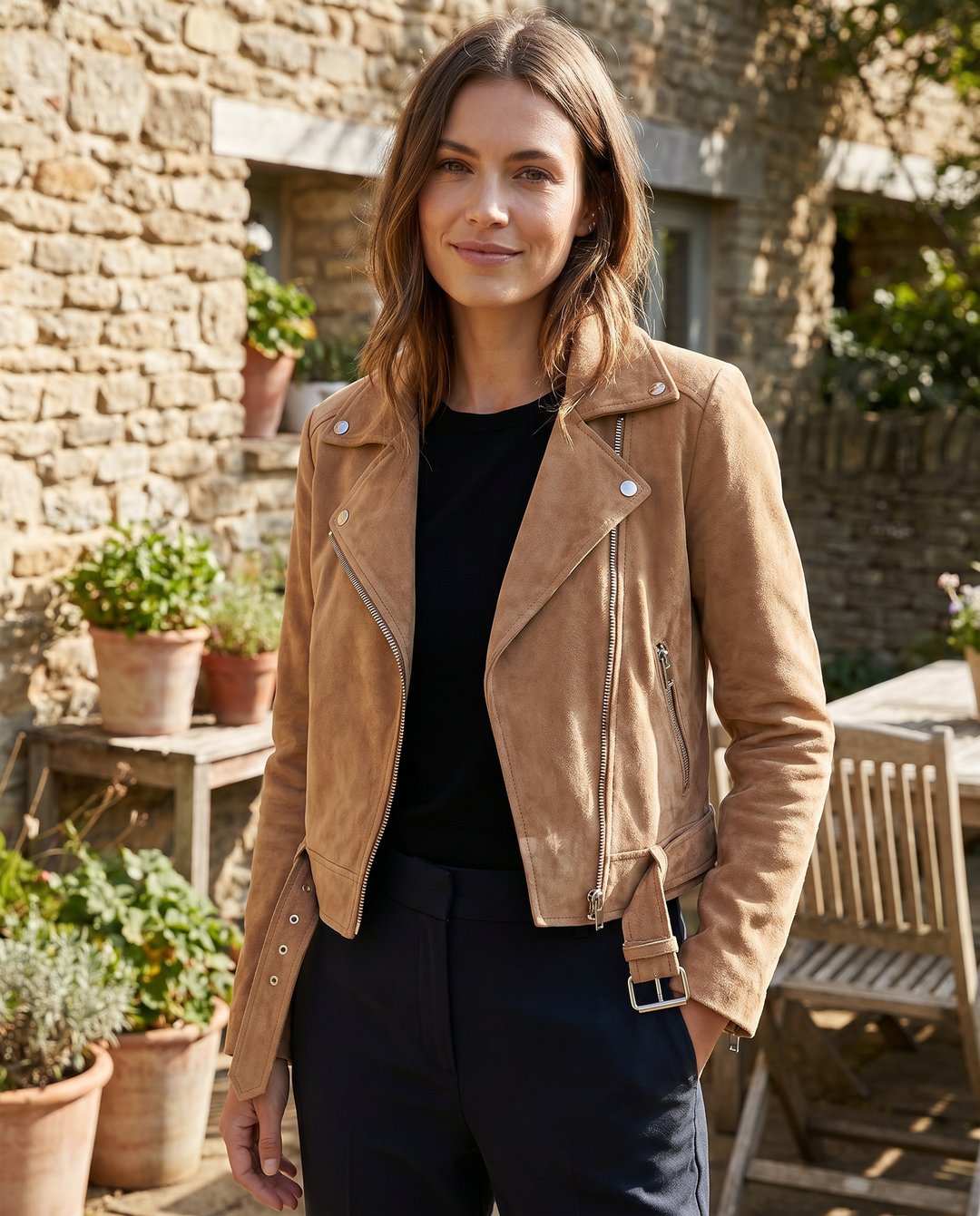 Stylish women's zip up biker jacket in a slim fit, a casual chic fashion statement.