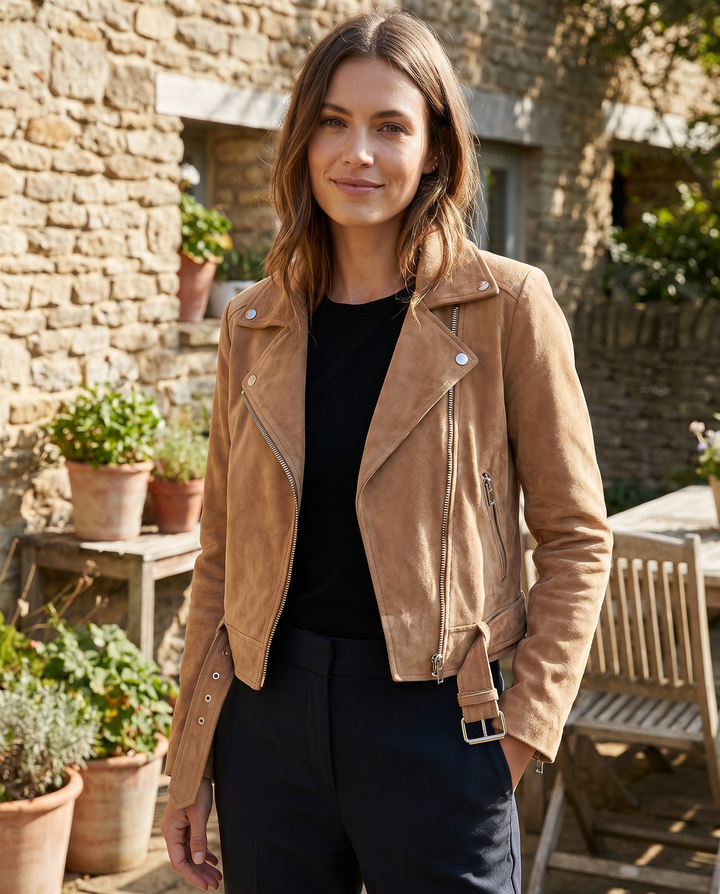 Stylish women's zip up biker jacket in a slim fit, a casual chic fashion statement.