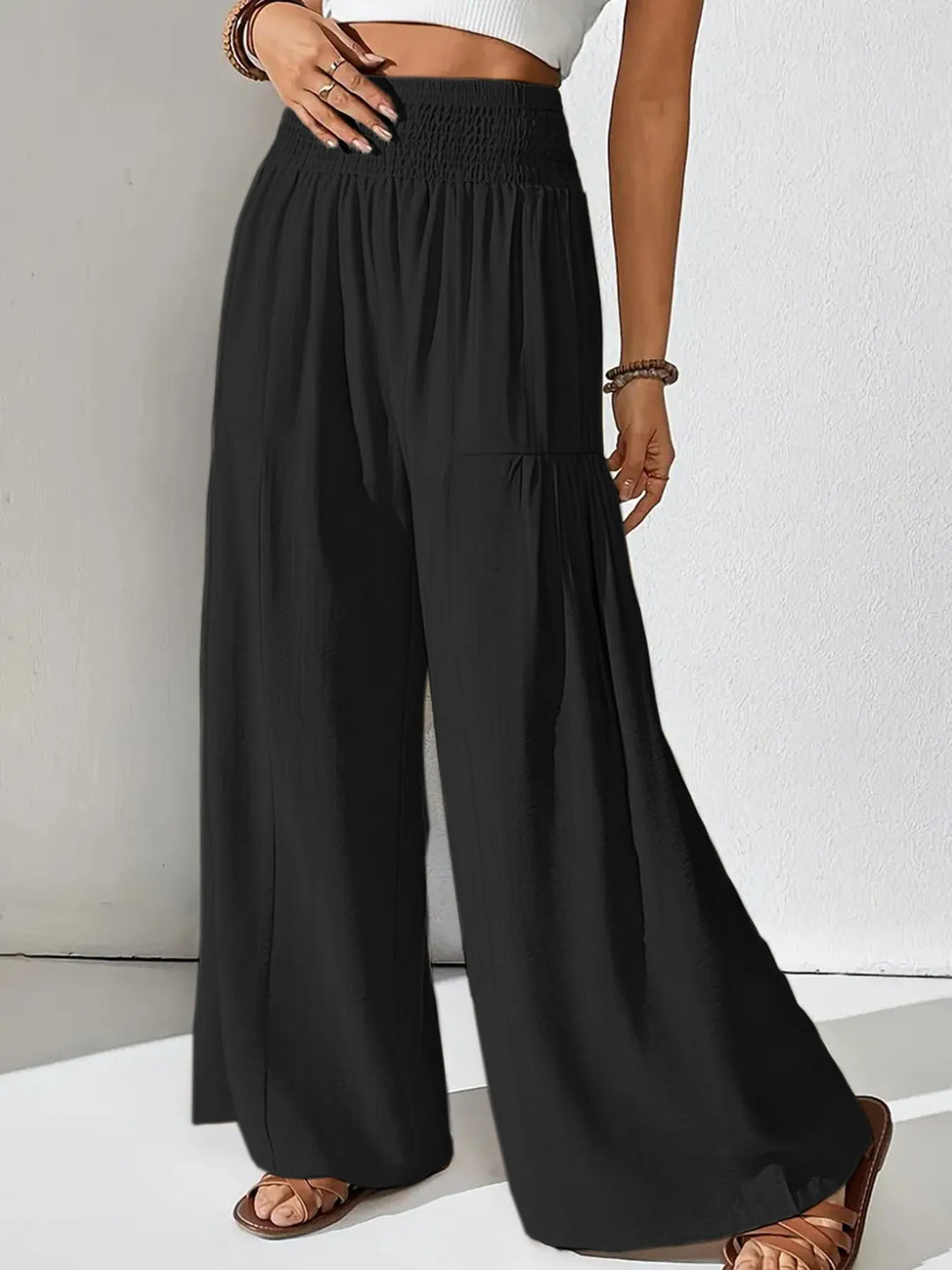 Breezy smocked waist wide leg pants for women, ultimate comfort for warm days and summer outfits.