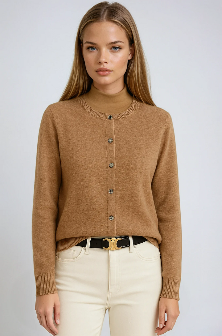 Women's soft button-up cardigan in a classic knit, perfect for effortless layering during fall and winter.