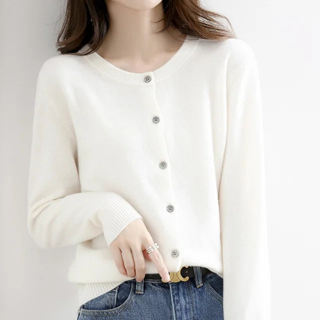 Chic women's button-front cardigan, soft knitwear perfect for layering over outfits for an elegant look.