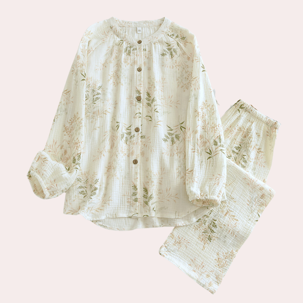 Elegant women's floral print cotton loungewear set. Comfortable two-piece nightwear for stylish relaxation.