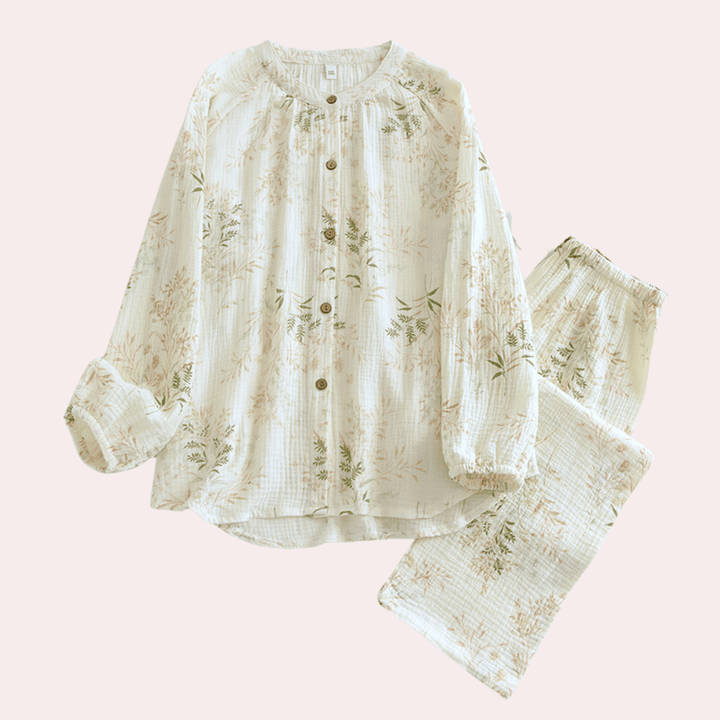 Elegant women's floral print cotton loungewear set. Comfortable two-piece nightwear for stylish relaxation.