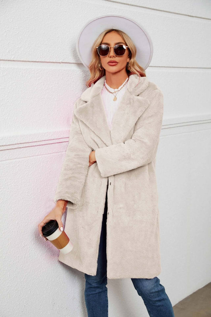 Women's Faux Fur Long Lapel Teddy Coat. A warm, soft, and elegant winter jacket, perfect for stylish cold weather.