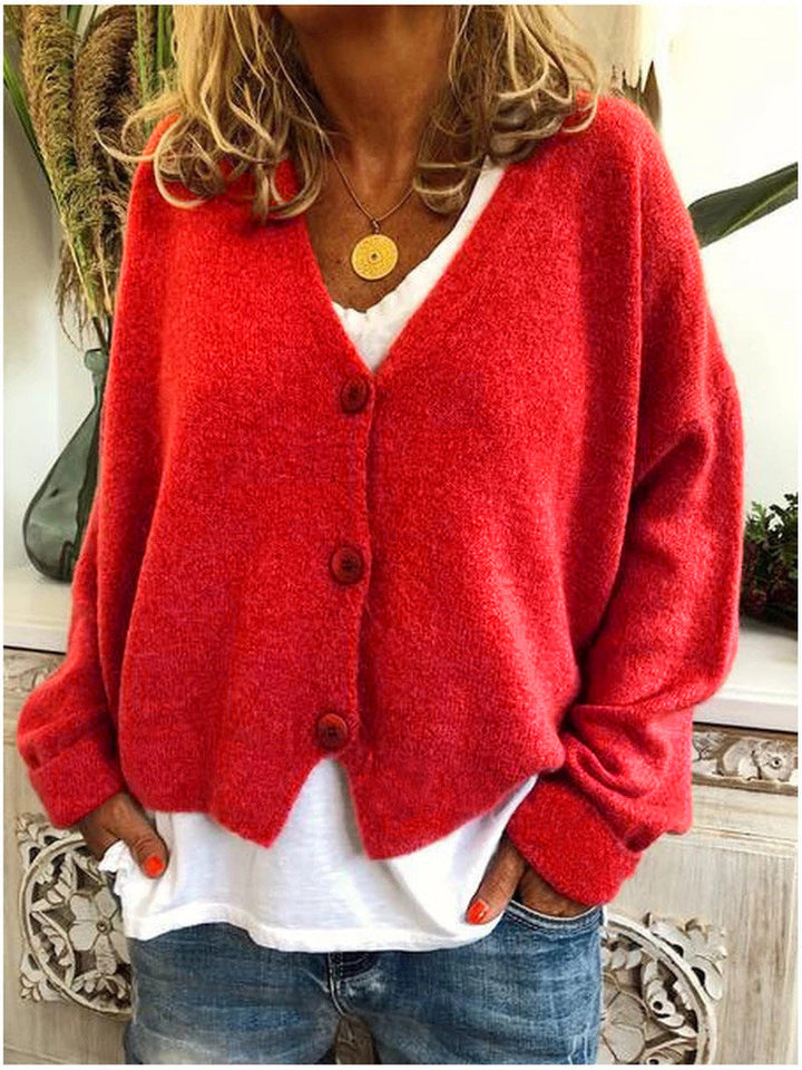 Stylish soft knit cardigan for women, a comfortable v-neck with a relaxed silhouette.