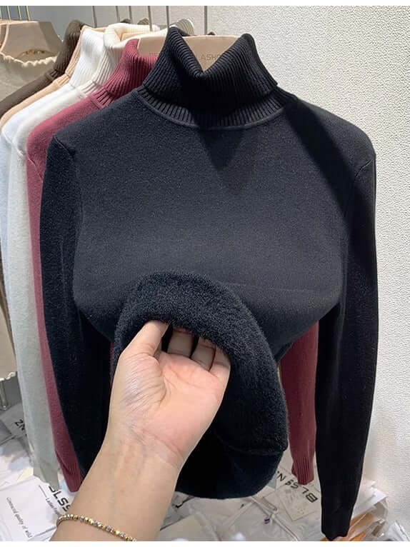 Women's soft velvet turtleneck sweater, perfect for elegant winter fashion and cozy wear.