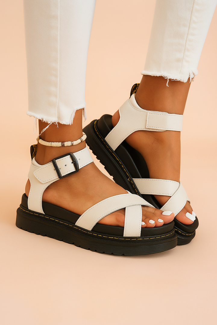 Women's sporty strappy platform sandals in black, featuring an open toe, chunky sole, and buckle closure for all-day comfort.