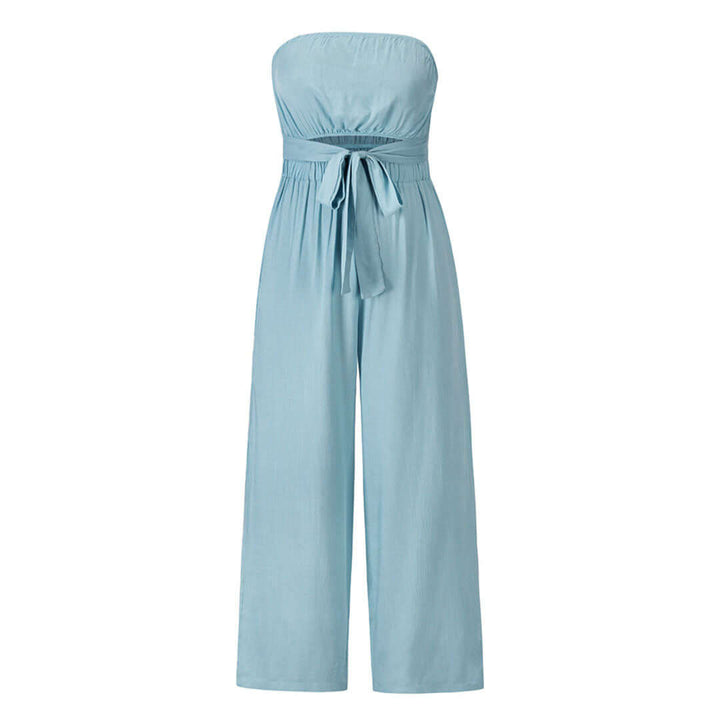 Flattering women's strapless jumpsuit, elastic waist, perfect for spring daywear.
