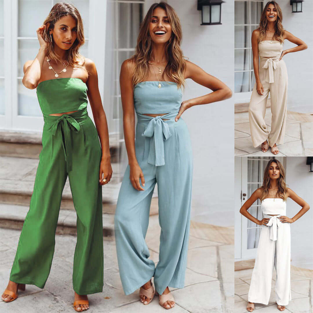 Easy-to-wear women's strapless jumpsuit, elasticated waist, ultimate casual comfort.