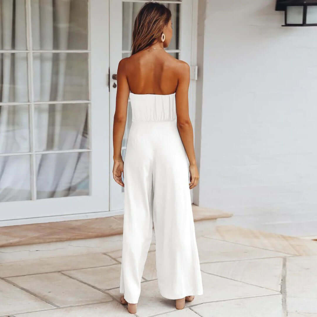 Elegant women's strapless jumpsuit, elasticated waist, suitable for day & night.