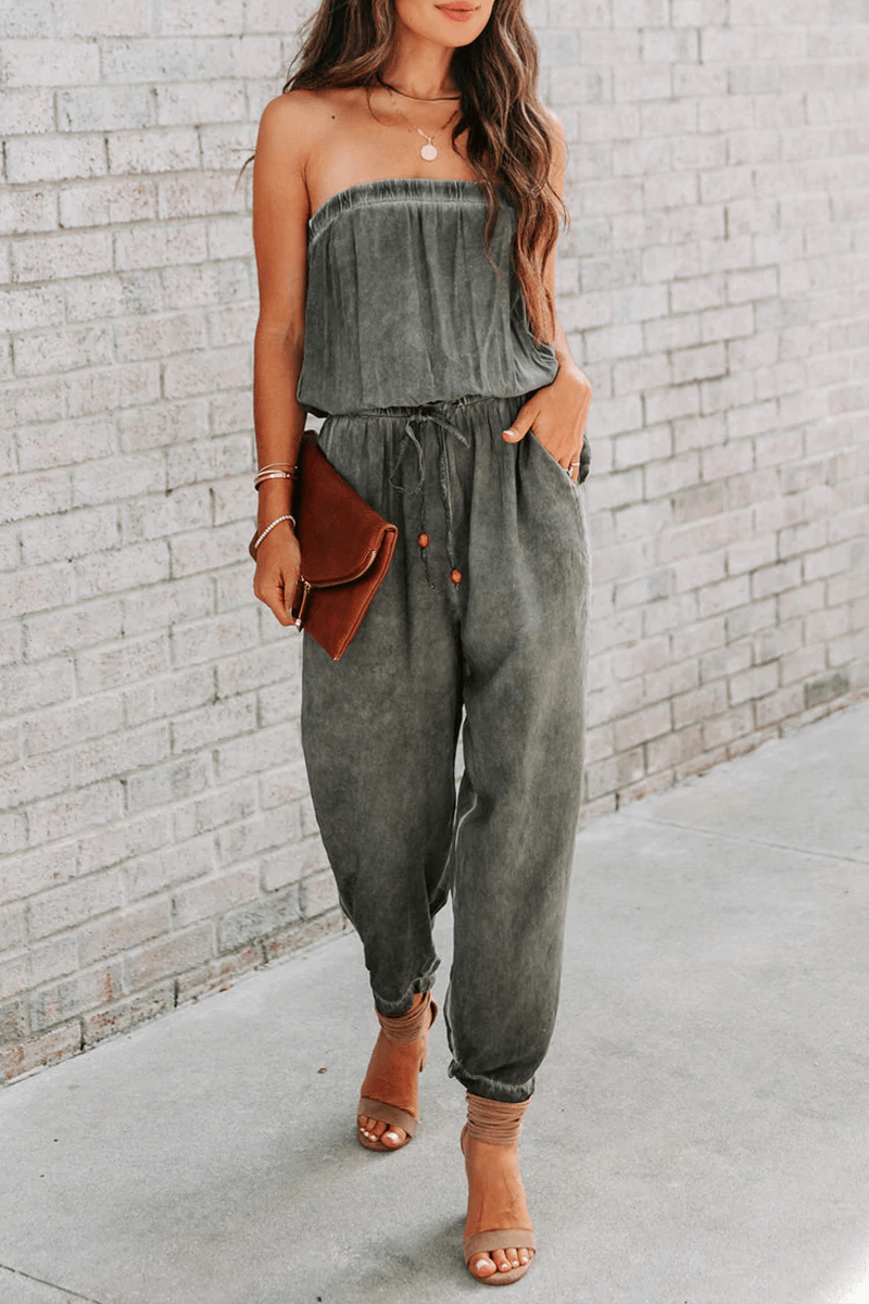 Women's strapless drawstring jumpsuit for effortless summer style. Casual, comfortable & chic one-piece outfit.