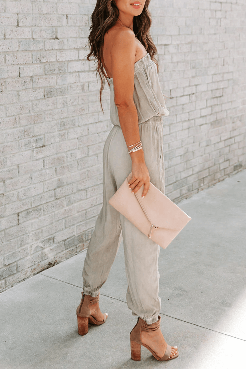 Versatile women's strapless jumpsuit with adjustable drawstring, ideal for casual summer fashion & comfort.