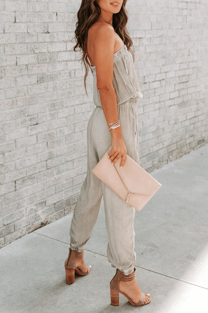 Versatile women's strapless jumpsuit with adjustable drawstring, ideal for casual summer fashion & comfort.