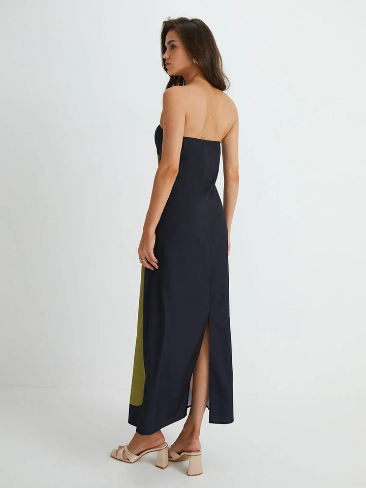 Flowy printed strapless maxi dress for women. Comfortable summer party or beach vacation style.