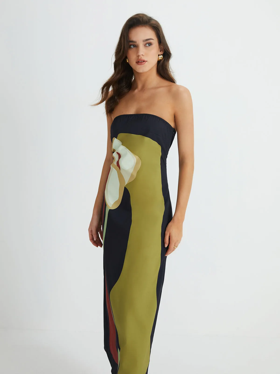 Colorful printed strapless maxi dress, a stylish women's summer party or occasion wear option.
