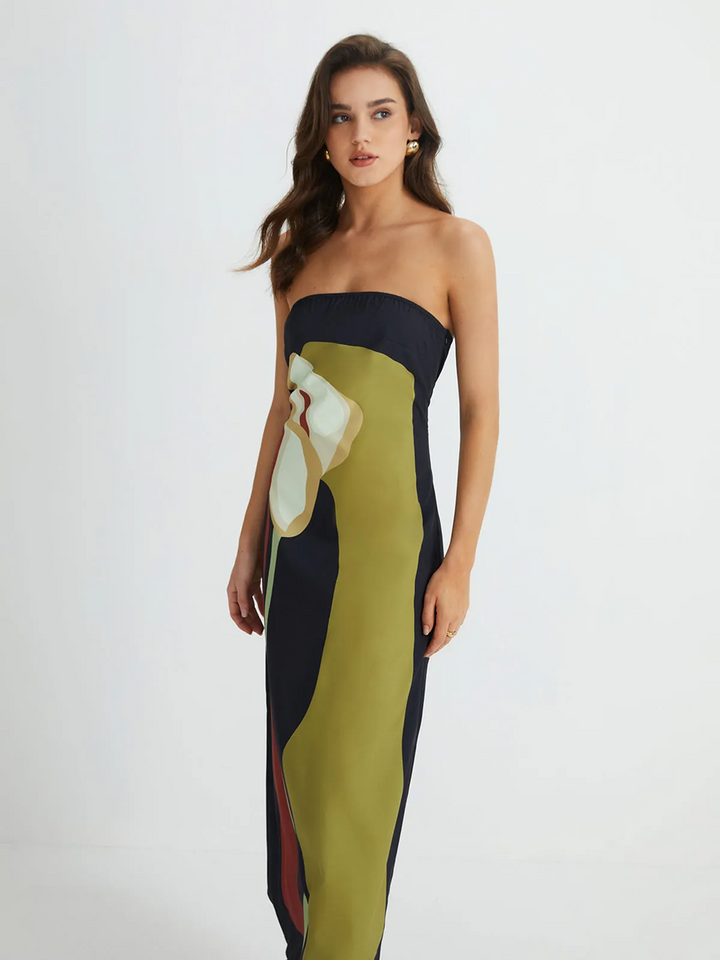 Colorful printed strapless maxi dress, a stylish women's summer party or occasion wear option.