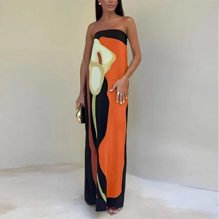 Lightweight, flowy strapless printed maxi dress for women. Enjoy summer parties & elegant evenings.