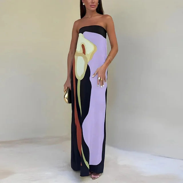 Fashionable women's printed strapless maxi dress. Comfortable and elegant for summer parties & events.