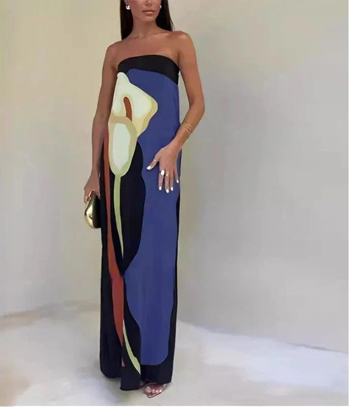 Vibrant strapless printed maxi dress for women. A perfect summer party, vacation, or special occasion outfit.