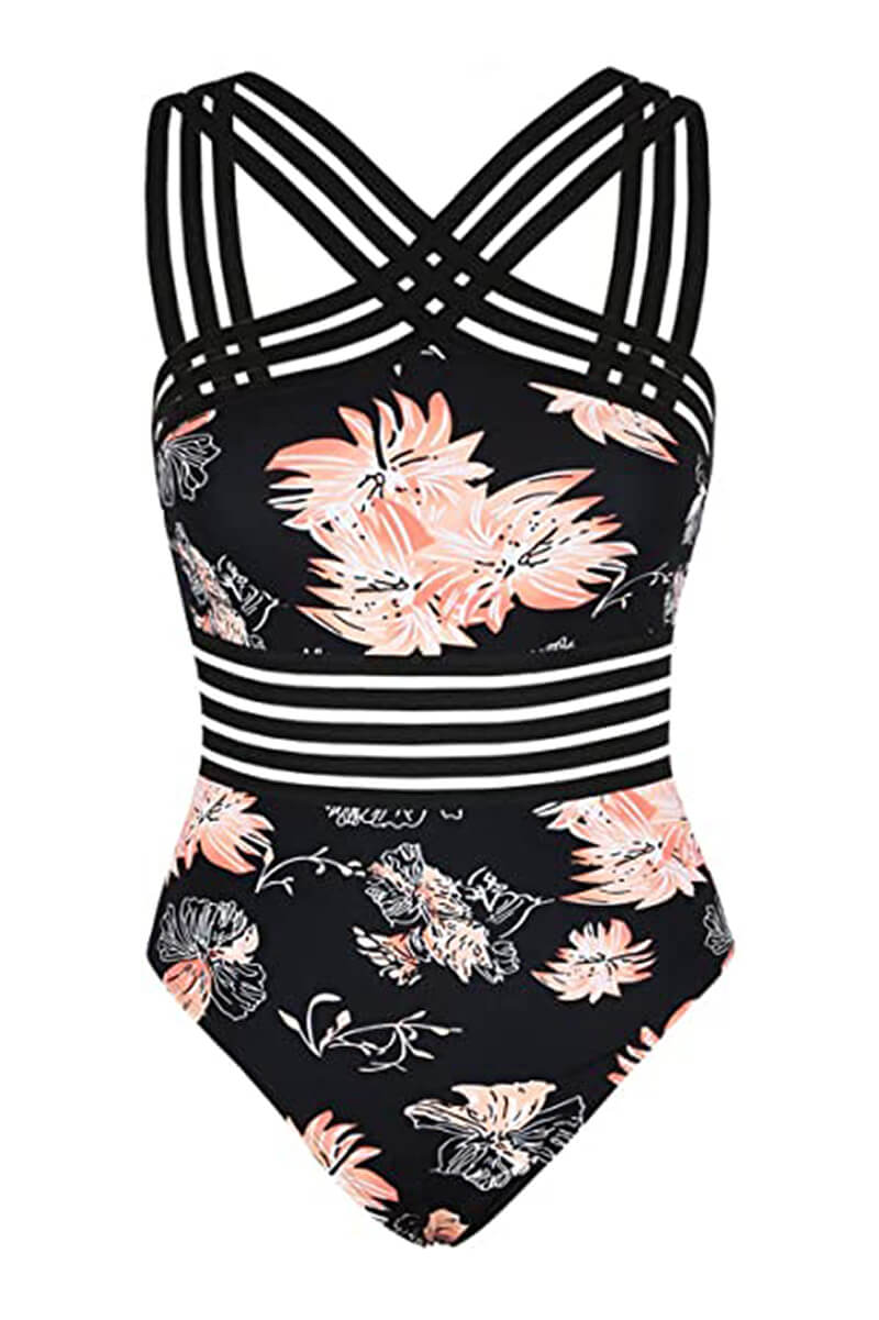 Women's flattering one-piece strappy monokini, essential swimwear for beach, sun, and summer fashion.
