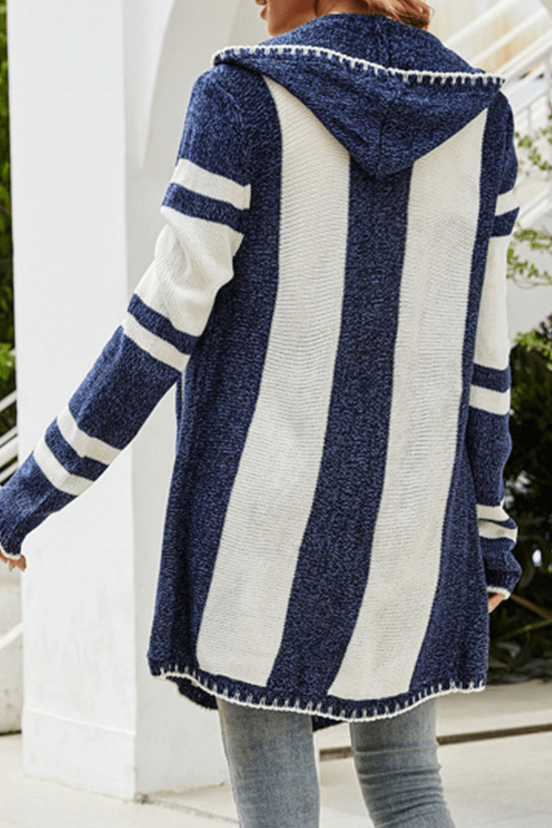 Chic striped contrast hoodie sweater for women. A comfortable and stylish top, great for everyday casual fashion.