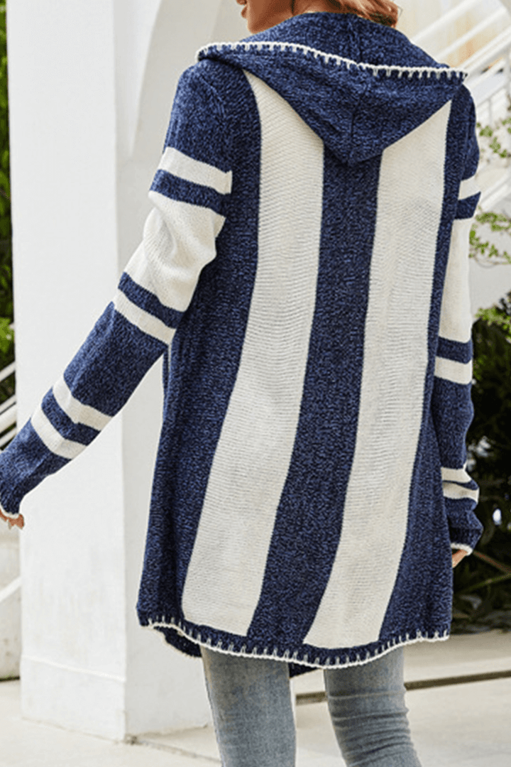 Chic striped contrast hoodie sweater for women. A comfortable and stylish top, great for everyday casual fashion.