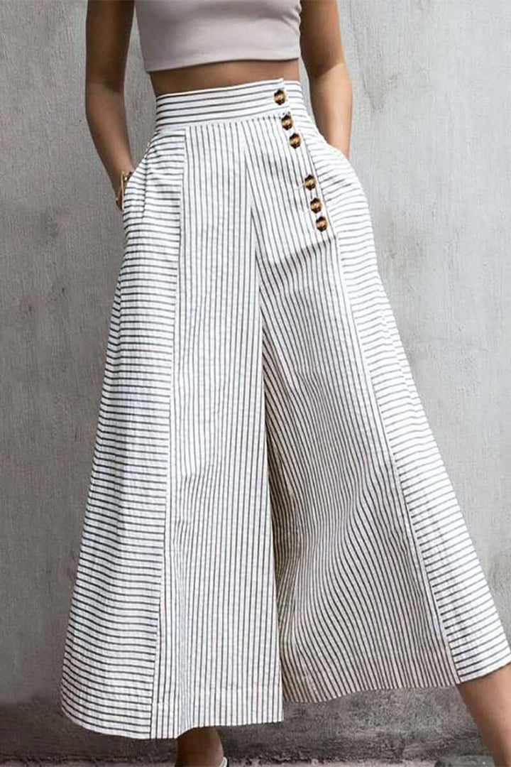 Women's striped high-waist wide-leg palazzo pants in comfortable polyester, perfect for casual elegance.