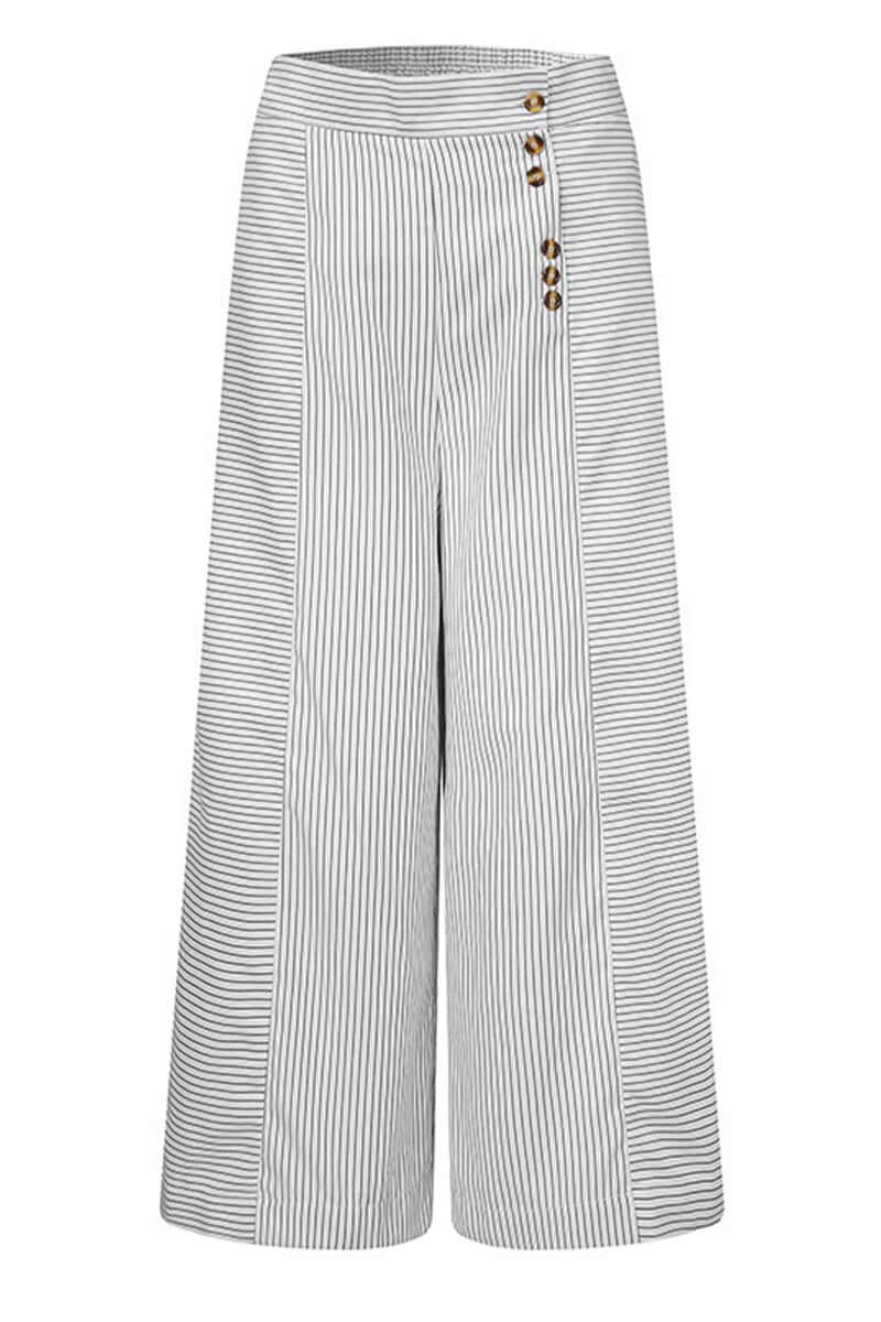 Flowing women's striped palazzo pants with a high-waist and wide-leg cut, offering a sophisticated casual look.