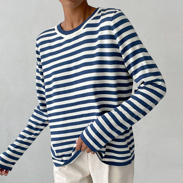 Women's striped knit sweater. Long sleeve crew neck pullover, perfect for casual autumn style.