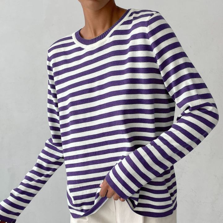 Textured striped knit sweater. Women's long sleeve crew neck pullover, offering casual chic autumn style.