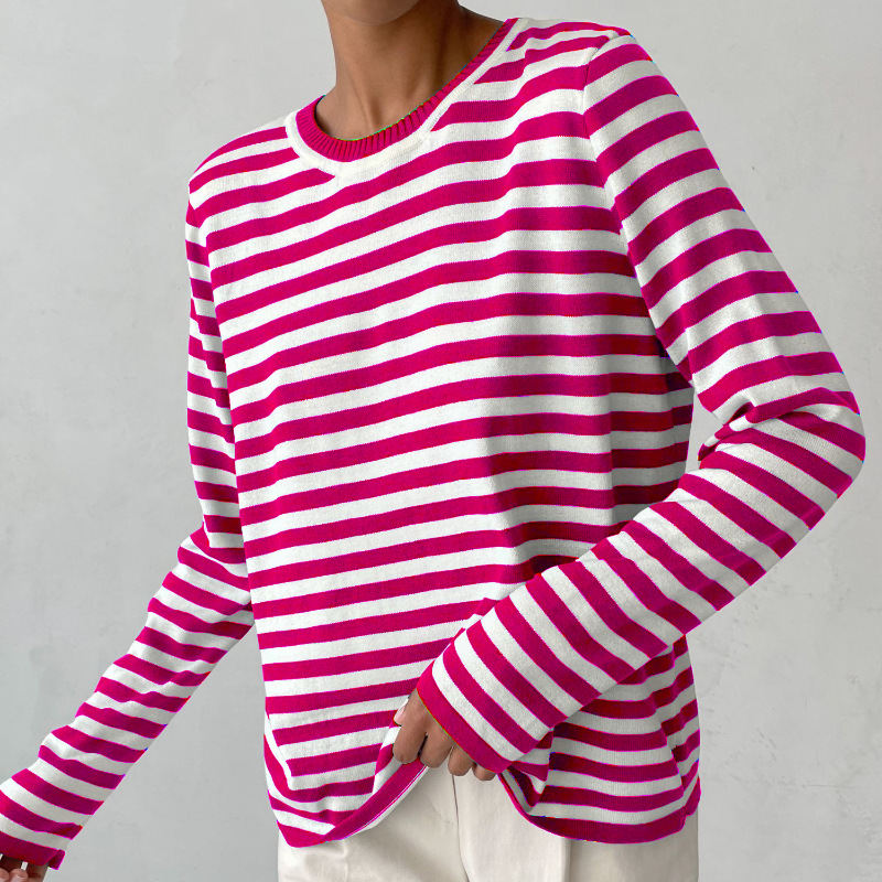 Women's striped knit sweater. Long sleeve crew neck pullover, a versatile addition to autumn wardrobe.