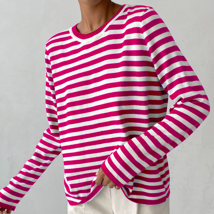 Women's striped knit sweater. Long sleeve crew neck pullover, a versatile addition to autumn wardrobe.
