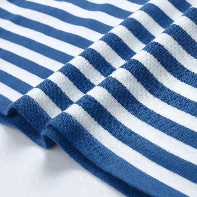 Women's striped knit sweater for casual wear. Long sleeve crew neck pullover, essential autumn fashion.