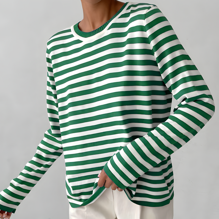 Striped knit sweater, women's long sleeve crew neck pullover. Versatile autumn fashion statement.