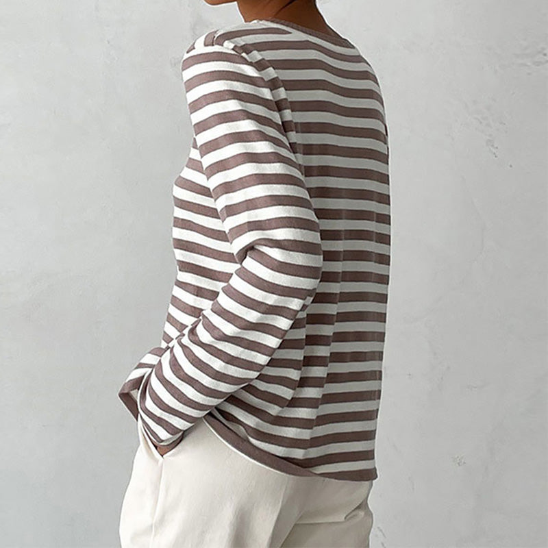 Cozy women's striped knit sweater. Long sleeve crew neck pullover, perfect for cool weather autumn style.