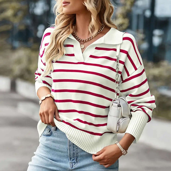 Women's striped knitted V-neck jumper. Long sleeve pullover sweater, cozy and versatile for casual fashion.