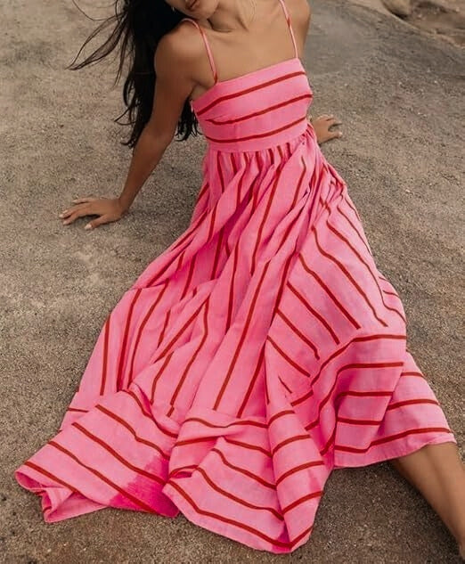 Women's striped maxi dress, sleeveless with a flowy design, perfect for summer casual or beach wear. Features adjustable straps.